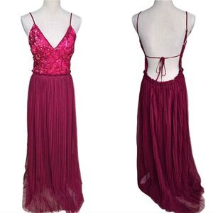 Soieblu Magenta Sequin Bodice Pleated Backless Maxi Dress